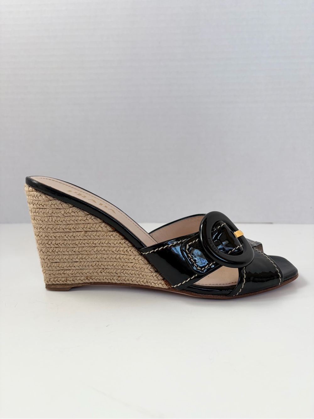 Prada Espadrille Wedge Sandals Vernice Soft Buckle Patent Leather Black Size 38.